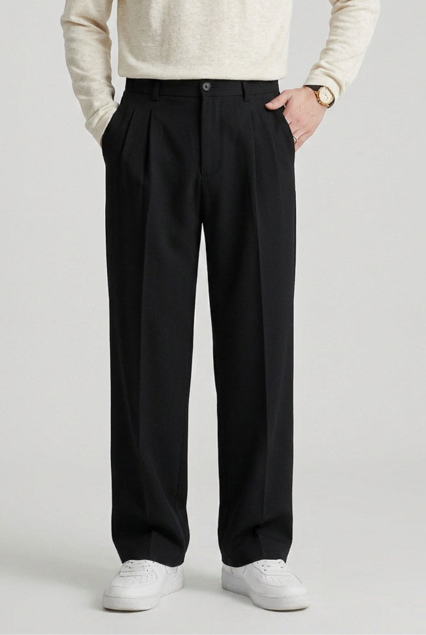 Pleated Trousers Black Straight Leg Men's High Waist – Office, Casual, Smart, Gift