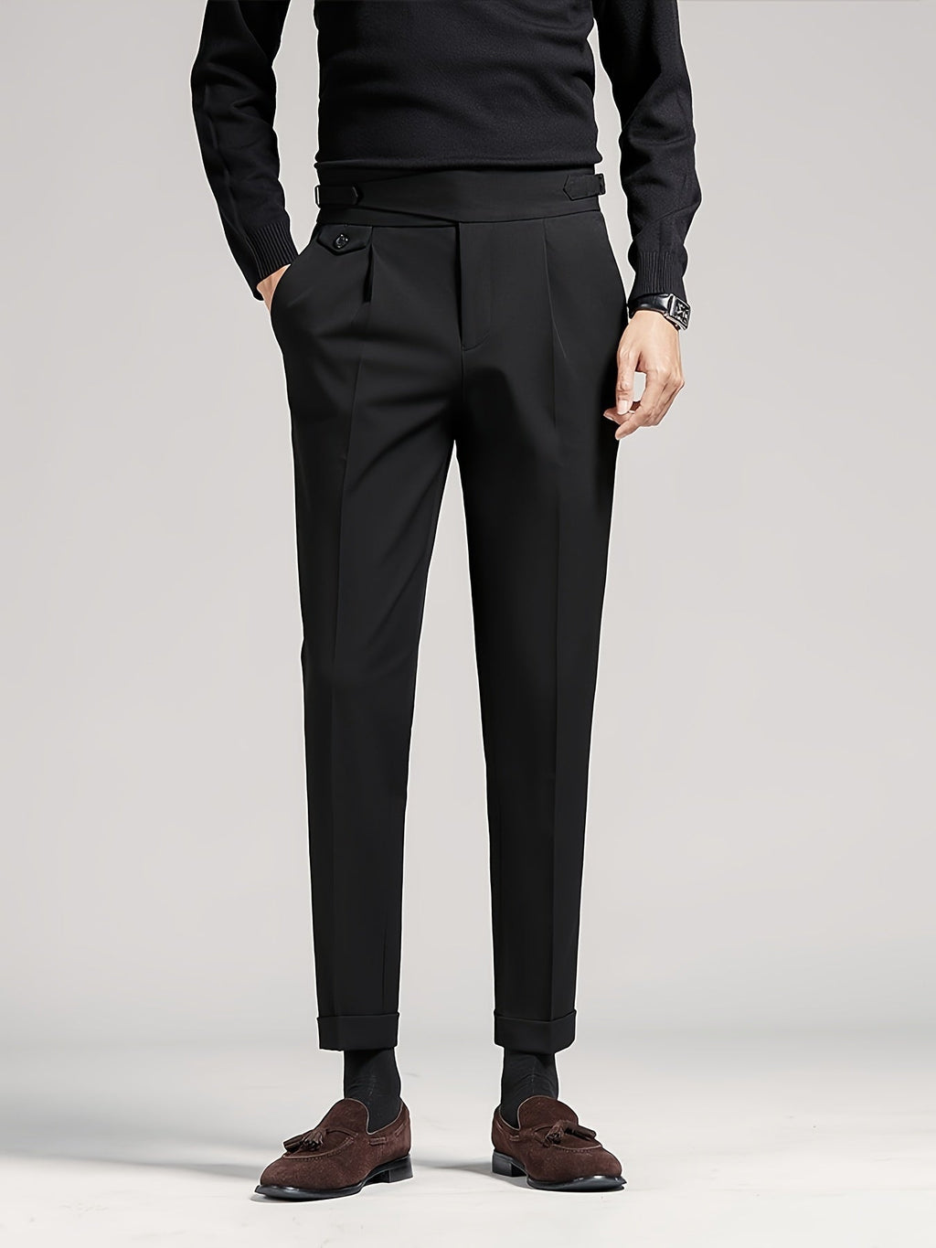 Pleated Trousers Black Tailored Men's High Waist Dress Pants – Office, Formal, Wedding, Gift