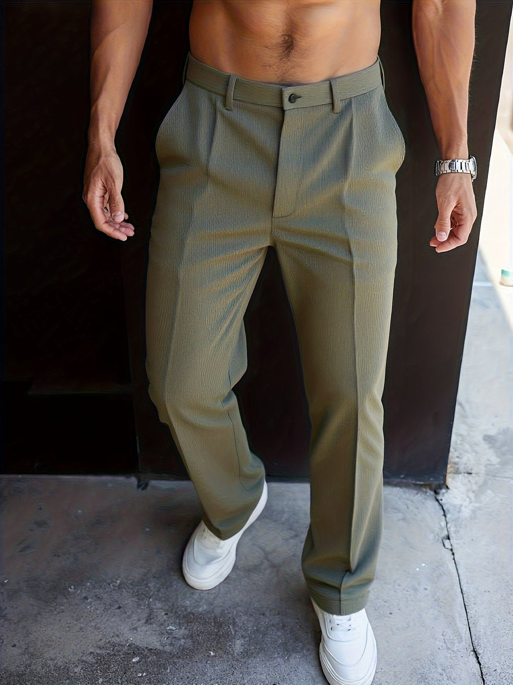 Pleated Trousers Men's Textured Straight-Leg Black – Office, Casual, Formal, Gift