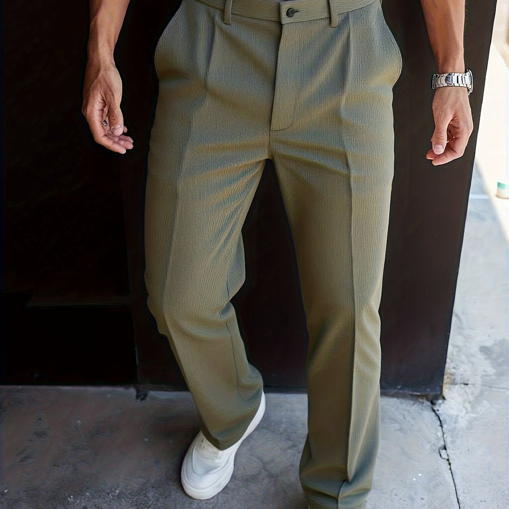 Pleated Trousers Men's Textured Straight-Leg Black – Office, Casual, Formal, Gift