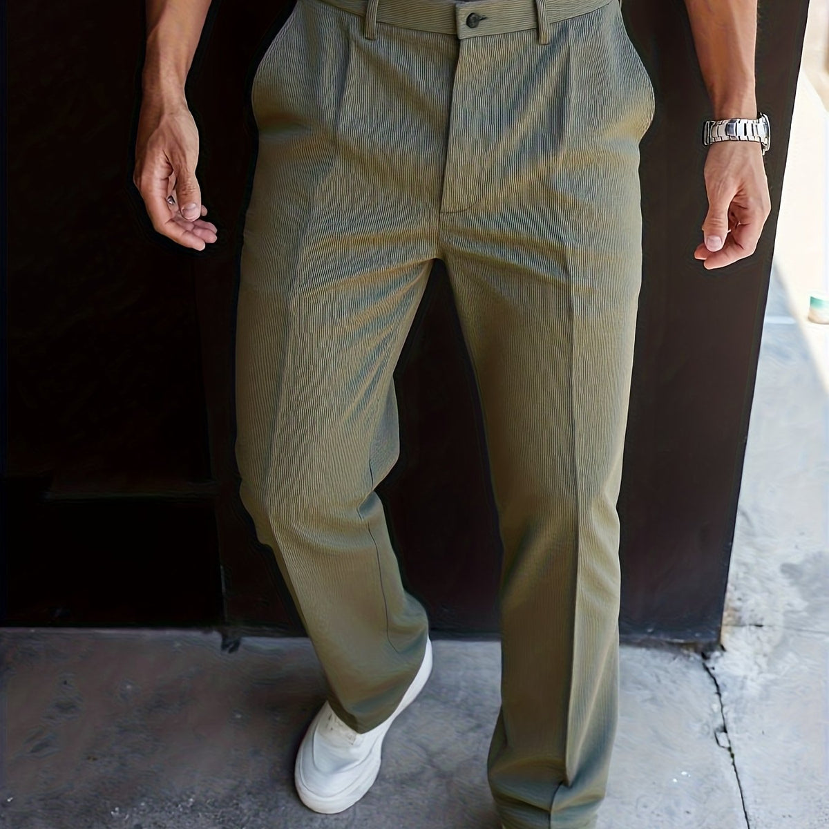 Pleated Trousers Men's Textured Straight-Leg Black – Office, Casual, Formal, Gift