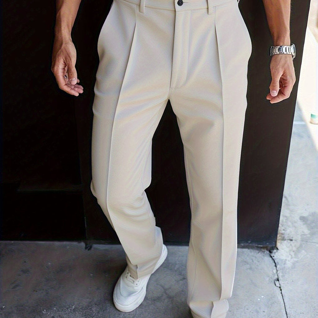 Pleated Trousers Men's Textured Straight-Leg Black – Office, Casual, Formal, Gift