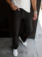 Pleated Trousers Men's Textured Straight-Leg Black – Office, Casual, Formal, Gift