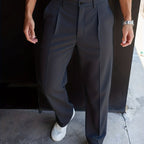 Pleated Trousers Men's Textured Straight-Leg Black – Office, Casual, Formal, Gift