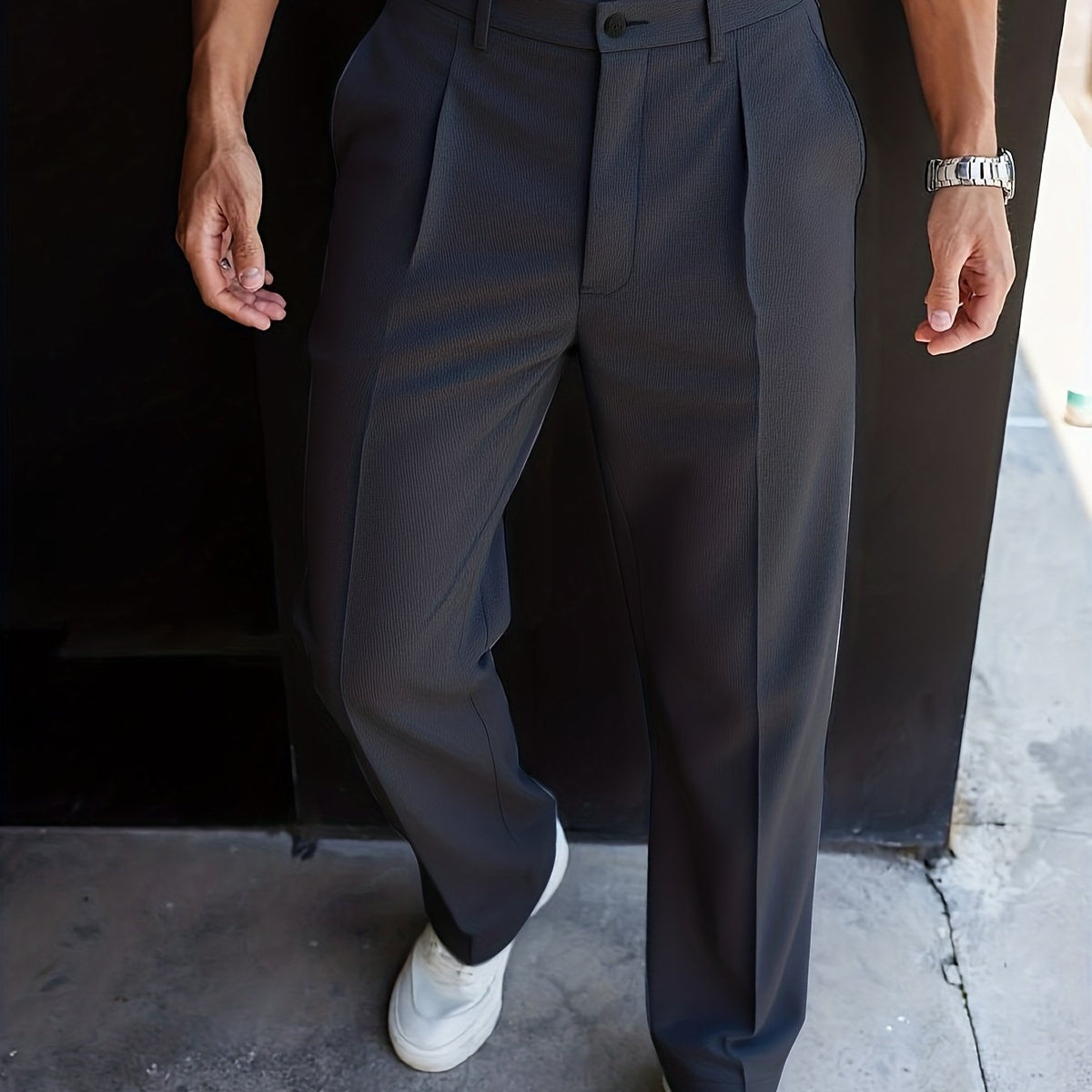Pleated Trousers Men's Textured Straight-Leg Black – Office, Casual, Formal, Gift