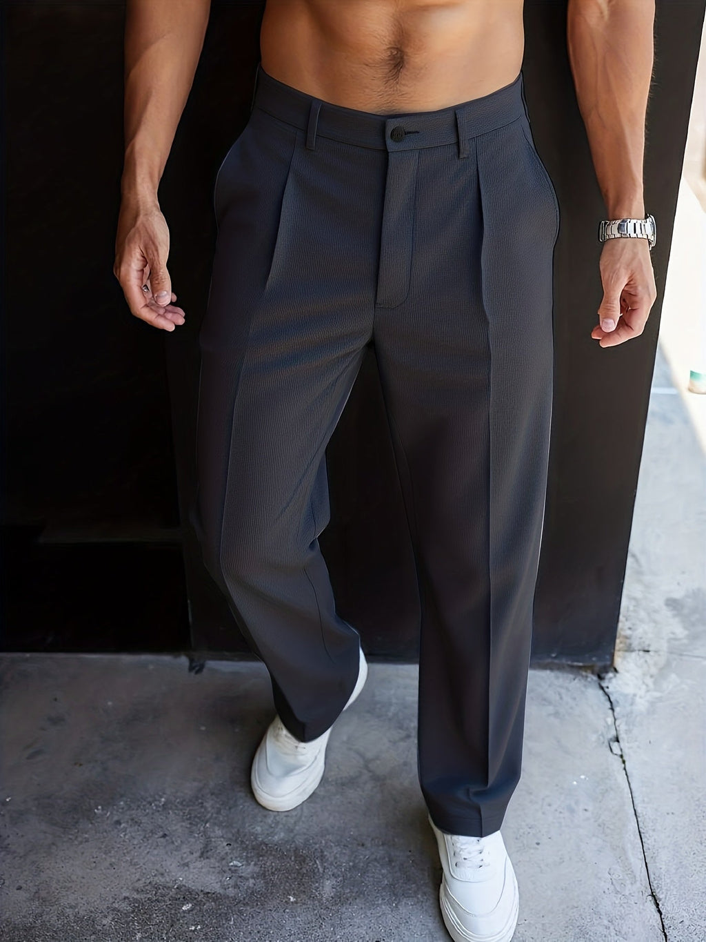 Pleated Trousers Men's Textured Straight-Leg Black – Office, Casual, Formal, Gift