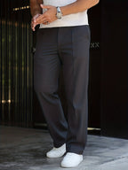 Pleated Trousers Men's Textured Straight-Leg Black – Office, Casual, Formal, Gift