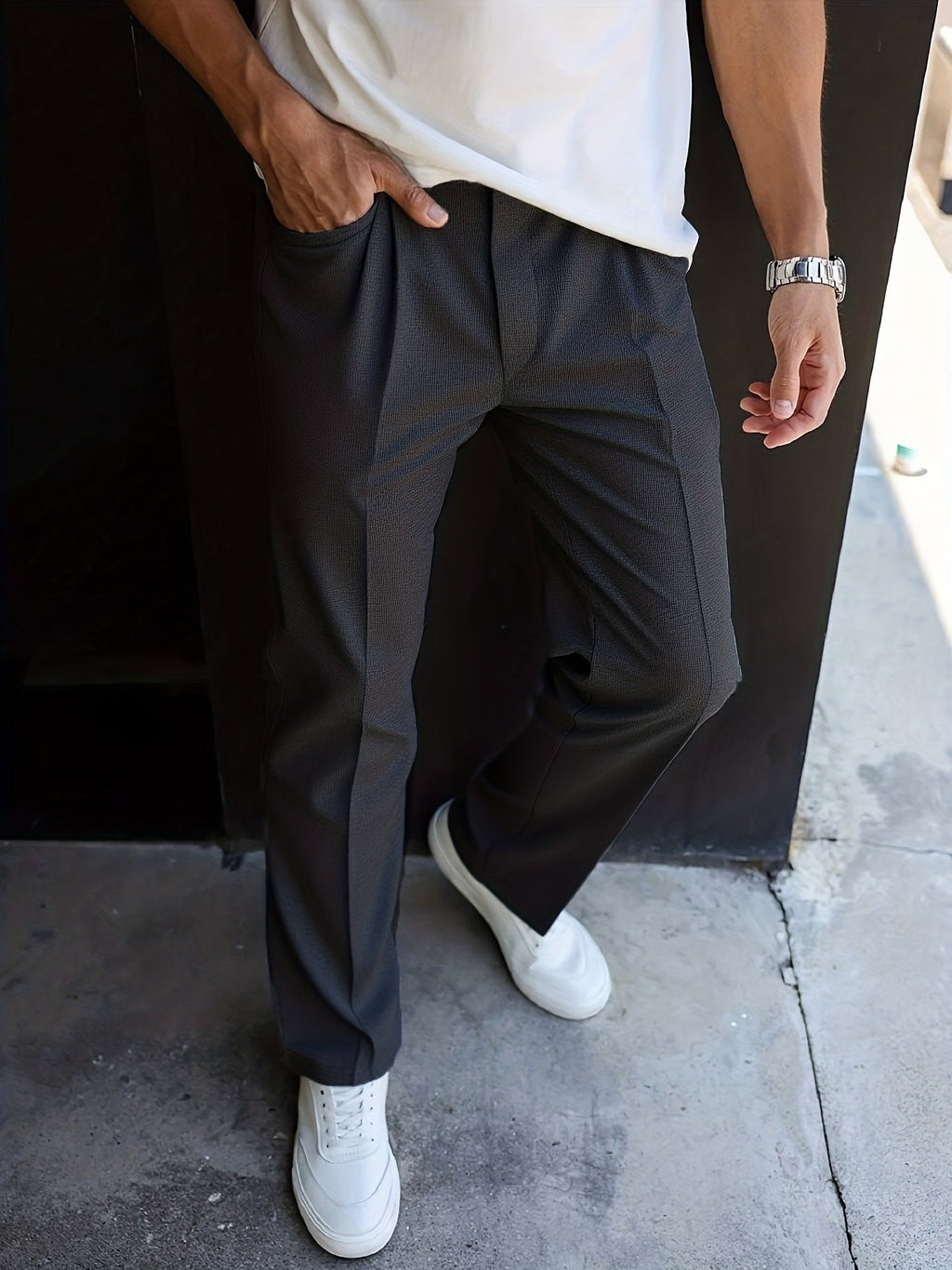 Pleated Trousers Men's Textured Straight-Leg Black – Office, Casual, Formal, Gift