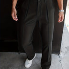 Pleated Trousers Men's Textured Straight-Leg Black – Office, Casual, Formal, Gift