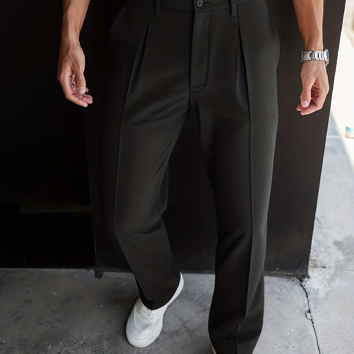 Pleated Trousers Men's Textured Straight-Leg Black – Office, Casual, Formal, Gift