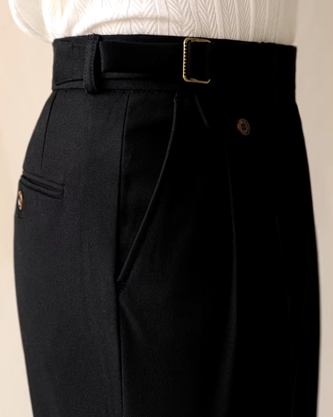 Pleated Trousers Wool-Blend Men's Dark Brown High-Waist with Belt – Office, Formal Smart Casual