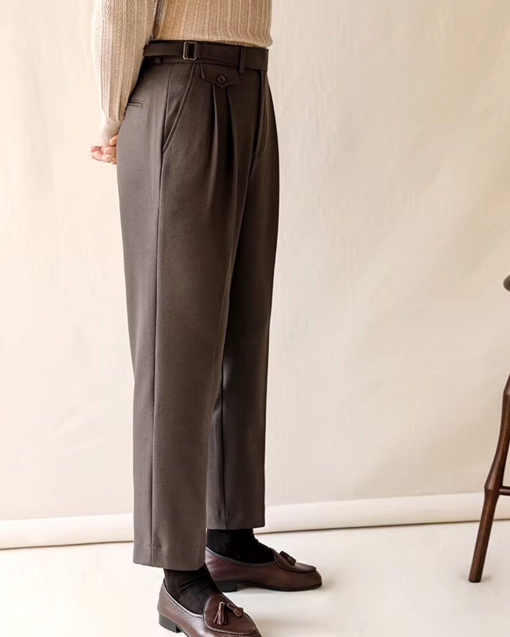 Pleated Trousers Wool-Blend Men's Dark Brown High-Waist with Belt – Office, Formal Smart Casual