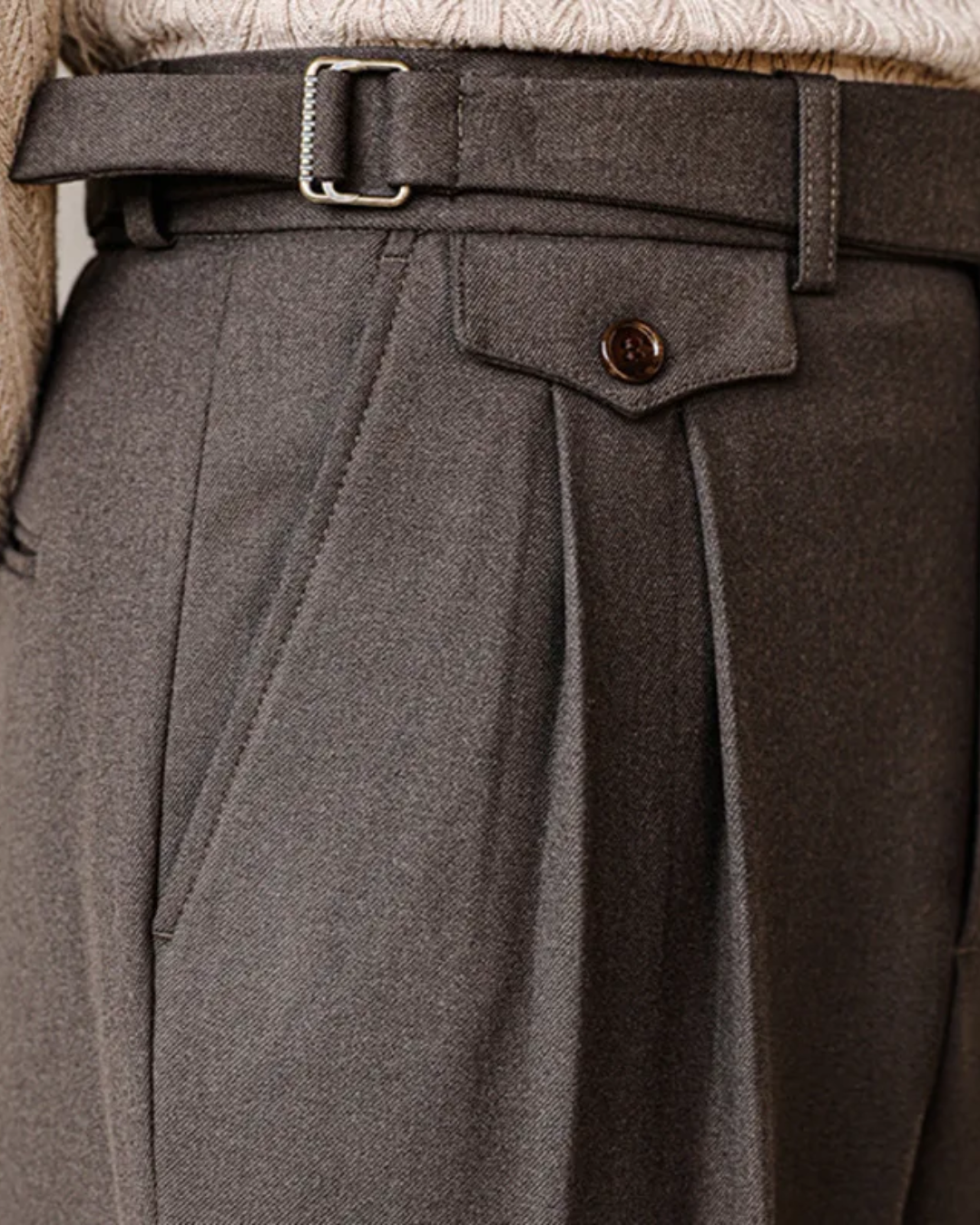 Pleated Trousers Wool-Blend Men's Dark Brown High-Waist with Belt – Office, Formal Smart Casual
