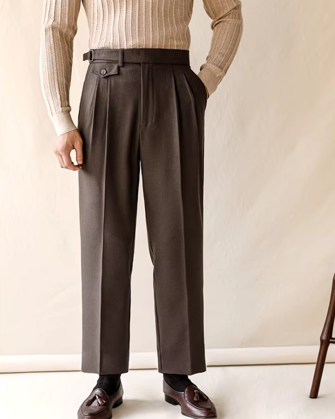 Pleated Trousers Wool-Blend Men's Dark Brown High-Waist with Belt – Office, Formal Smart Casual