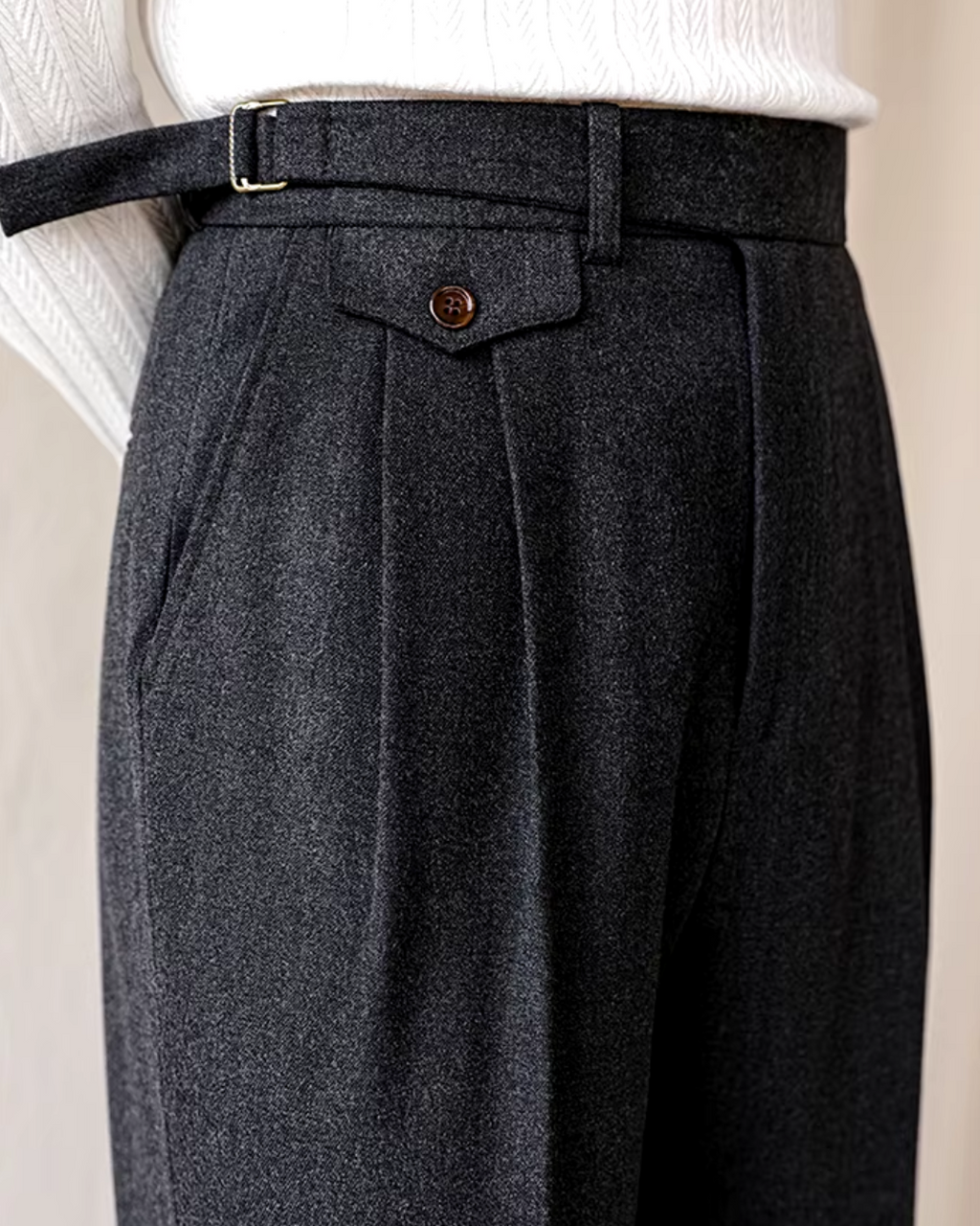Pleated Trousers Wool-Blend Men's Dark Brown High-Waist with Belt – Office, Formal Smart Casual