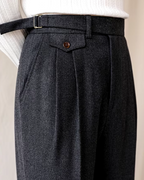 Pleated Trousers Wool-Blend Men's Dark Brown High-Waist with Belt – Office, Formal Smart Casual