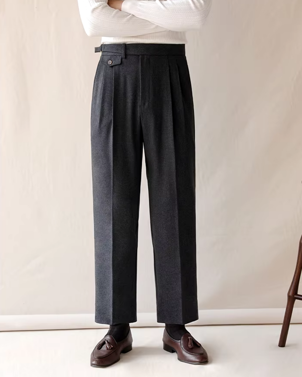 Pleated Trousers Wool-Blend Men's Dark Brown High-Waist with Belt – Office, Formal Smart Casual
