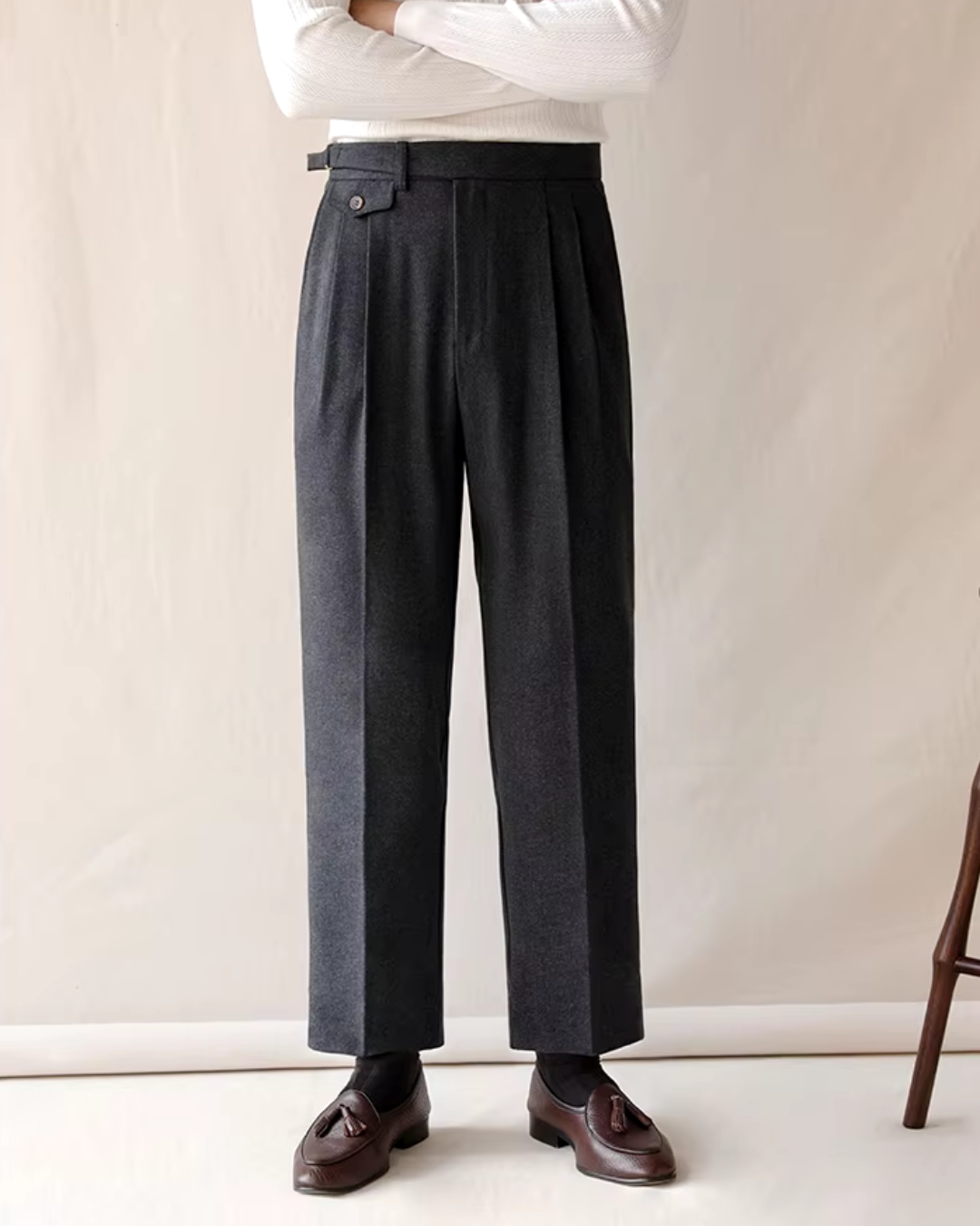 Pleated Trousers Wool-Blend Men's Dark Brown High-Waist with Belt – Office, Formal Smart Casual