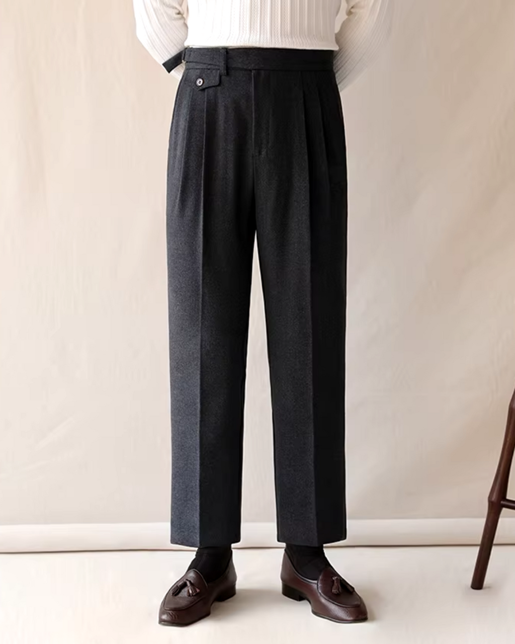 Pleated Trousers Wool-Blend Men's Dark Brown High-Waist with Belt – Office, Formal Smart Casual