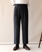 Pleated Trousers Wool-Blend Men's Dark Brown High-Waist with Belt – Office, Formal Smart Casual