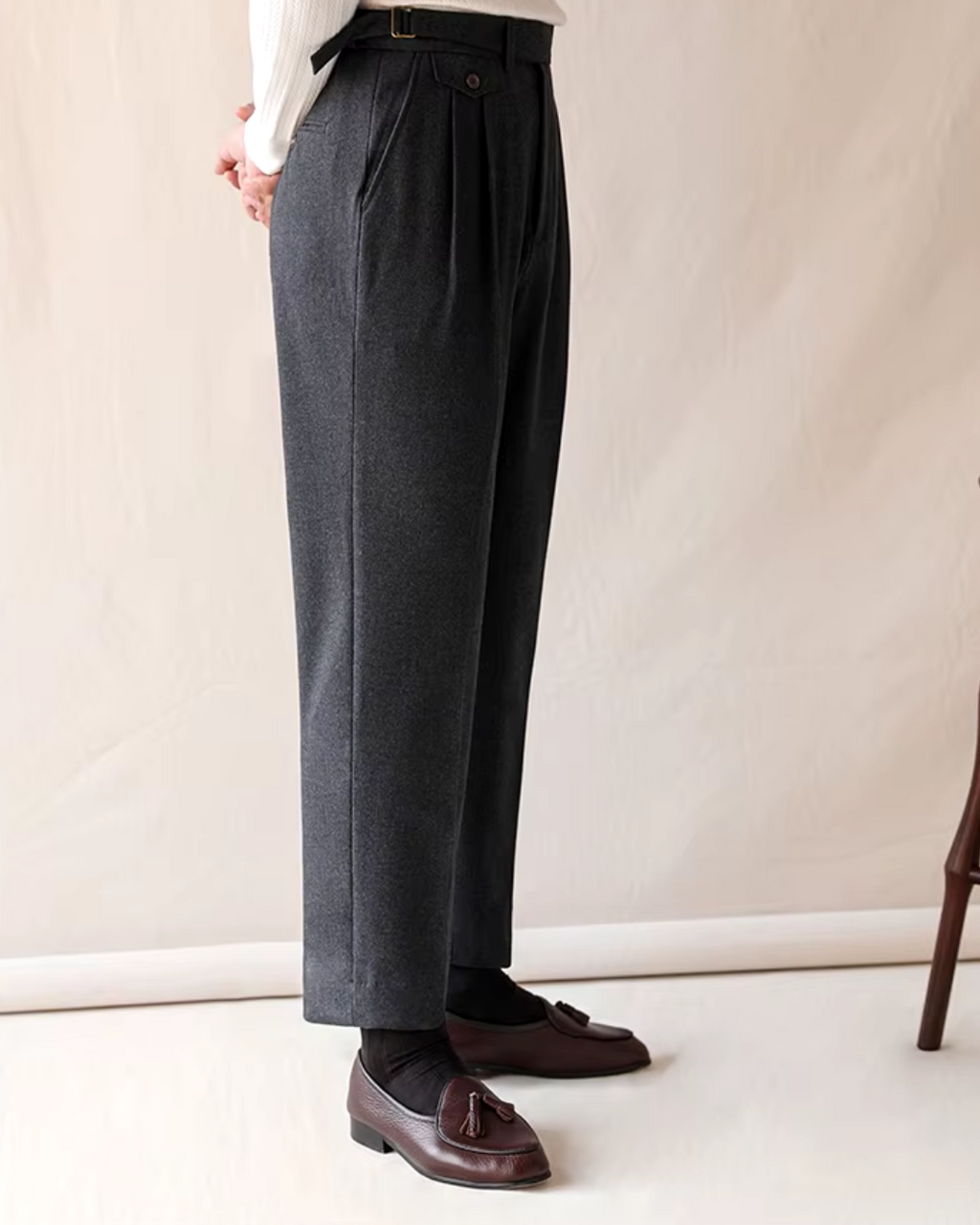 Pleated Trousers Wool-Blend Men's Dark Brown High-Waist with Belt – Office, Formal Smart Casual