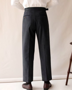 Pleated Trousers Wool-Blend Men's Dark Brown High-Waist with Belt – Office, Formal Smart Casual