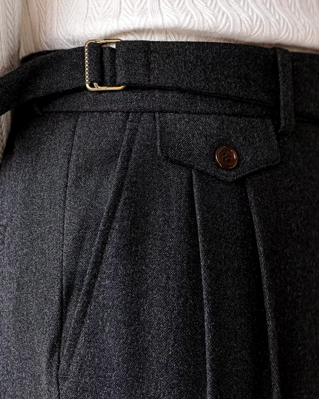 Pleated Trousers Wool-Blend Men's Dark Brown High-Waist with Belt – Office, Formal Smart Casual