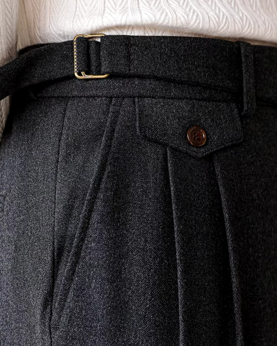 Pleated Trousers Wool-Blend Men's Dark Brown High-Waist with Belt – Office, Formal Smart Casual