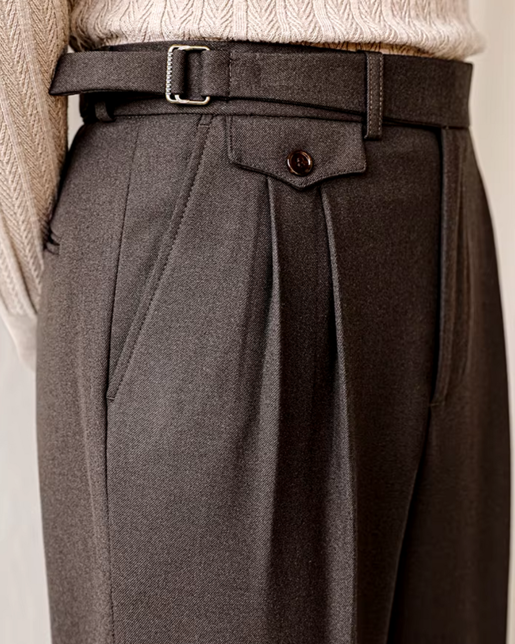 Pleated Trousers Wool-Blend Men's Dark Brown High-Waist with Belt – Office, Formal Smart Casual