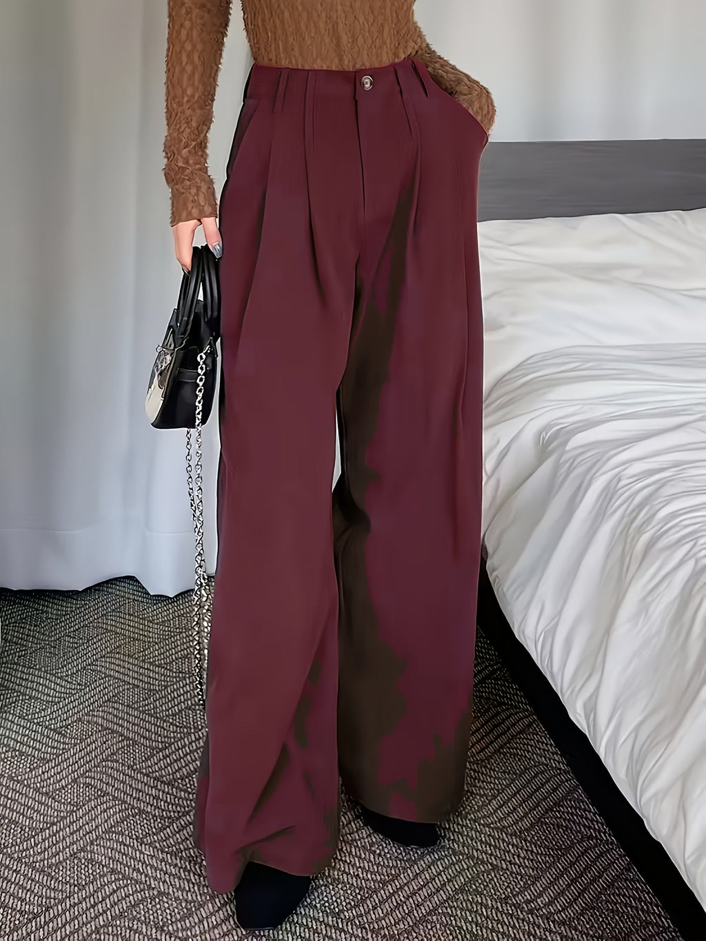 Pleated Wide-Leg Trousers Black High-Waist Women's – Office, Casual, Everyday, Smart Workwear