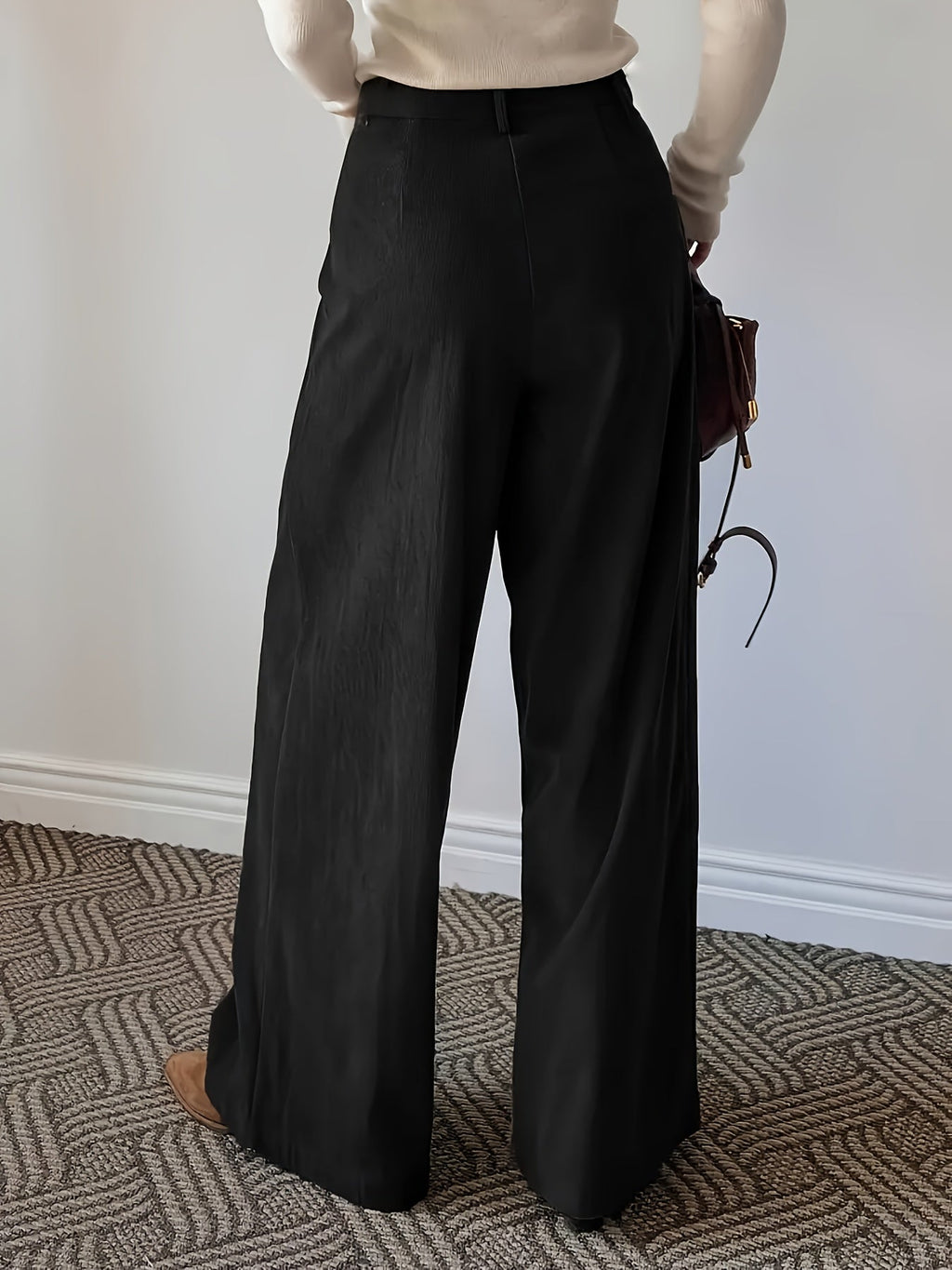 Pleated Wide-Leg Trousers Black High-Waist Women's – Office, Casual, Everyday, Smart Workwear
