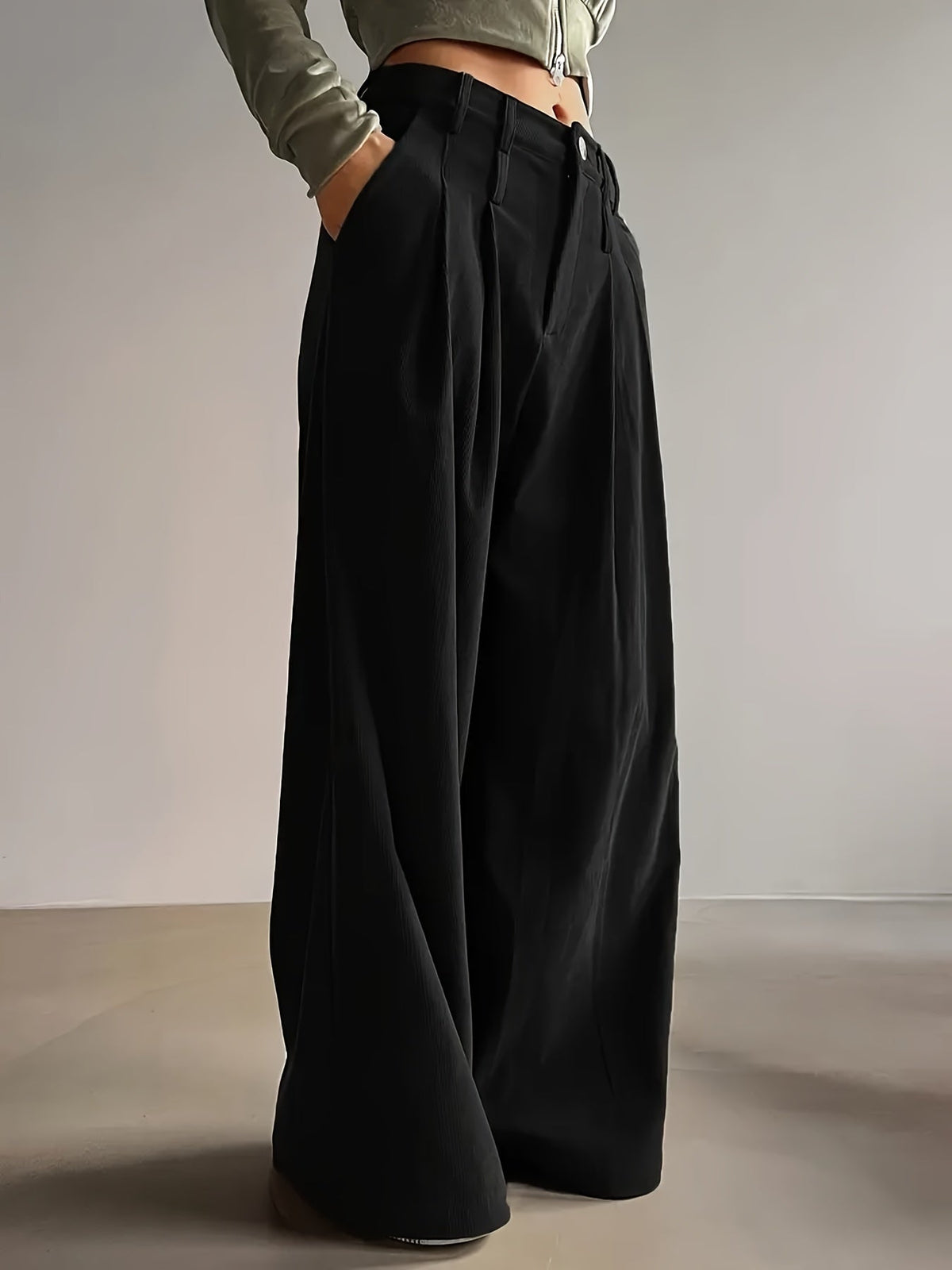 Pleated Wide-Leg Trousers Black High-Waist Women's – Office, Casual, Everyday, Smart Workwear