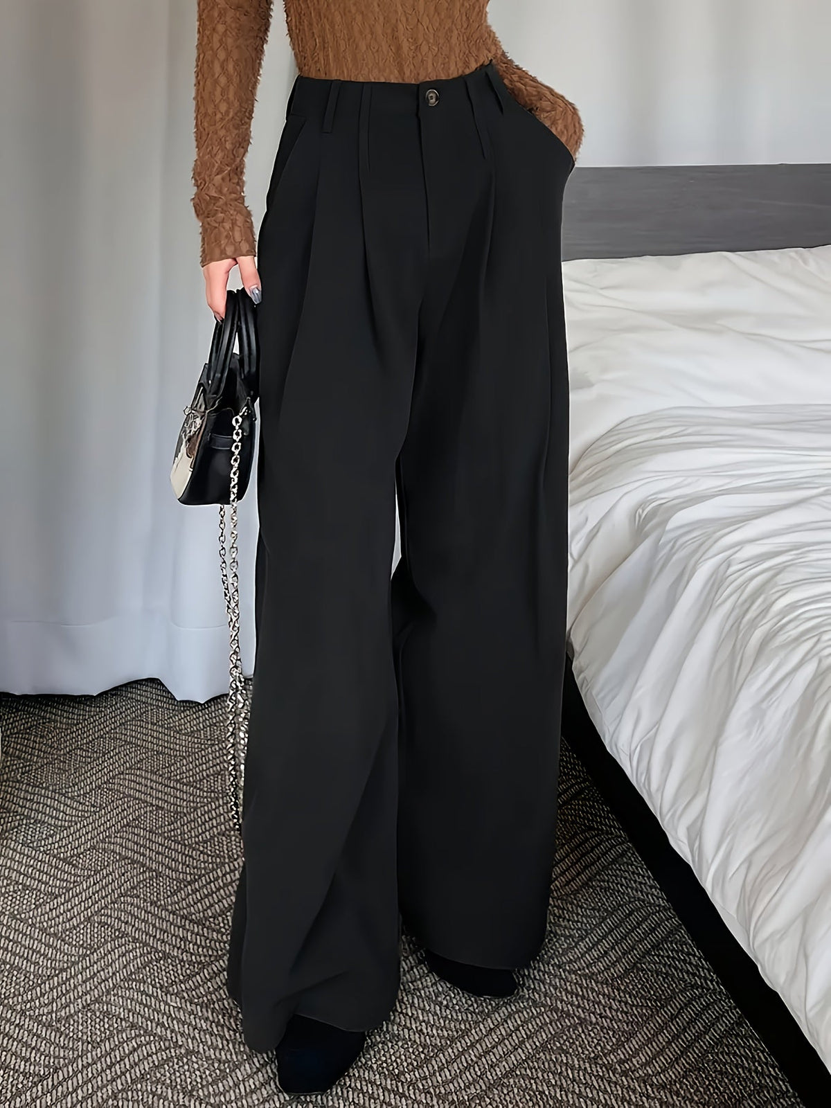 Pleated Wide-Leg Trousers Black High-Waist Women's – Office, Casual, Everyday, Smart Workwear