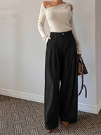 Pleated Wide-Leg Trousers Black High-Waist Women's – Office, Casual, Everyday, Smart Workwear