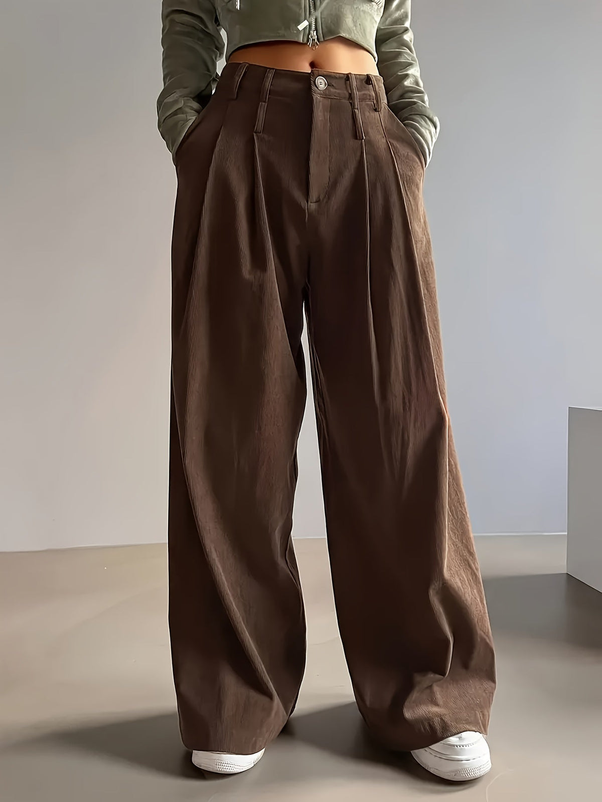 Pleated Wide-Leg Trousers Black High-Waist Women's – Office, Casual, Everyday, Smart Workwear