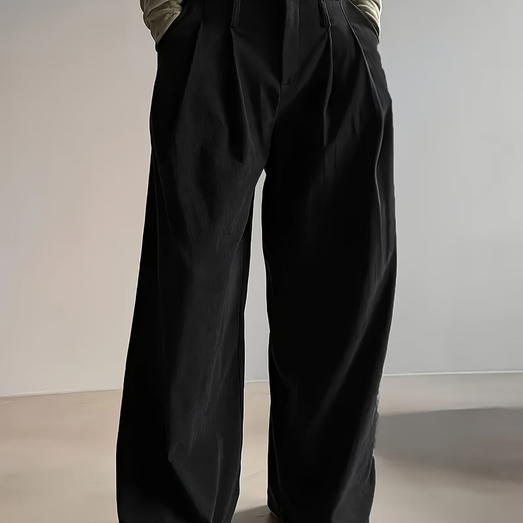 Pleated Wide-Leg Trousers Black High-Waist Women's – Office, Casual, Everyday, Smart Workwear