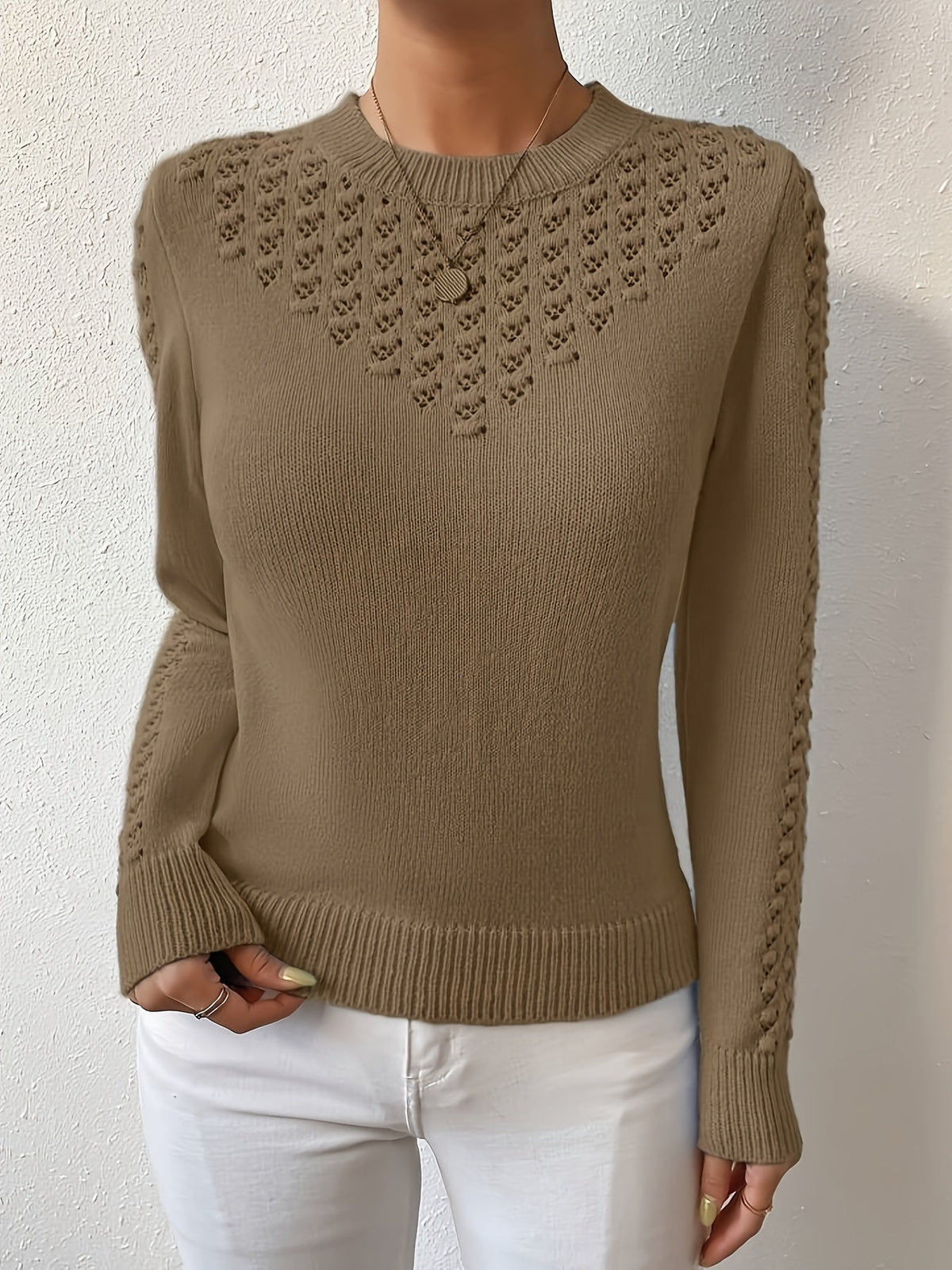 Pointelle Knit Sweater Blue Women's Long Sleeve Round Neck Jumper – Casual, Office, Everyday, Gift