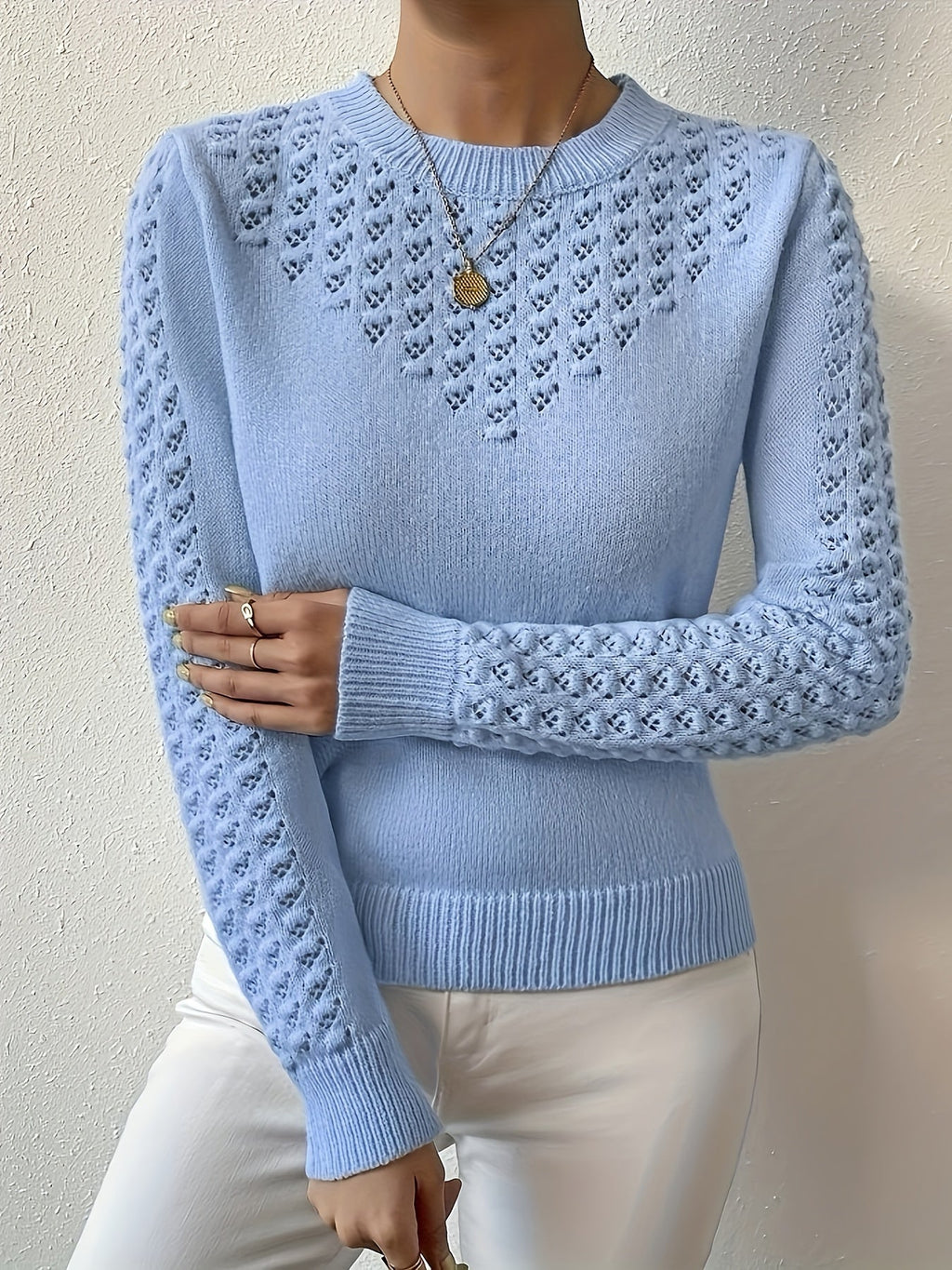 Pointelle Knit Sweater Blue Women's Long Sleeve Round Neck Jumper – Casual, Office, Everyday, Gift