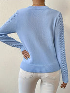 Pointelle Knit Sweater Blue Women's Long Sleeve Round Neck Jumper – Casual, Office, Everyday, Gift