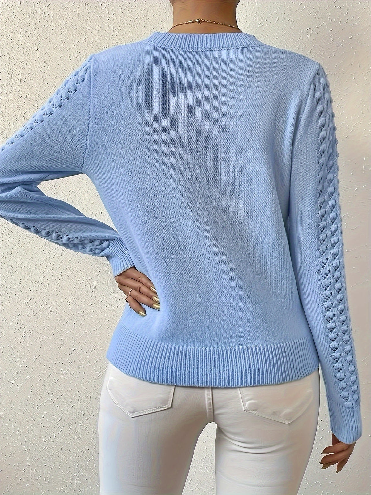 Pointelle Knit Sweater Blue Women's Long Sleeve Round Neck Jumper – Casual, Office, Everyday, Gift