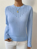 Pointelle Knit Sweater Blue Women's Long Sleeve Round Neck Jumper – Casual, Office, Everyday, Gift