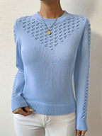 Pointelle Knit Sweater Blue Women's Long Sleeve Round Neck Jumper – Casual, Office, Everyday, Gift