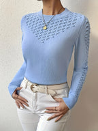 Pointelle Knit Sweater Blue Women's Long Sleeve Round Neck Jumper – Casual, Office, Everyday, Gift