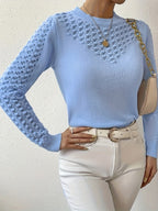 Pointelle Knit Sweater Blue Women's Long Sleeve Round Neck Jumper – Casual, Office, Everyday, Gift