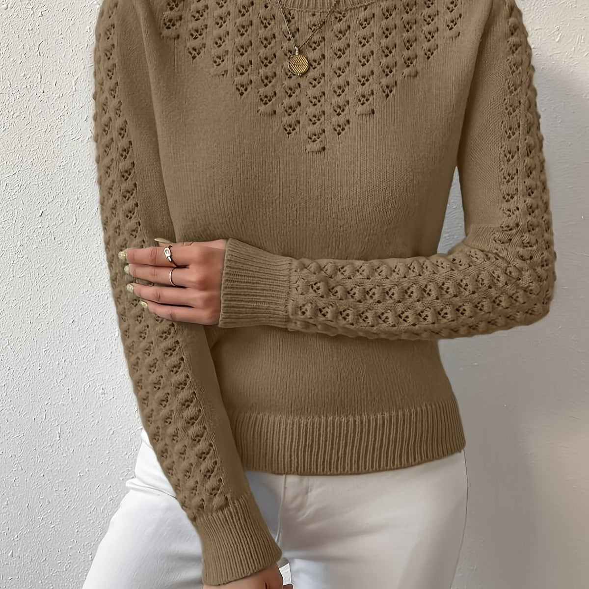 Pointelle Knit Sweater Blue Women's Long Sleeve Round Neck Jumper – Casual, Office, Everyday, Gift