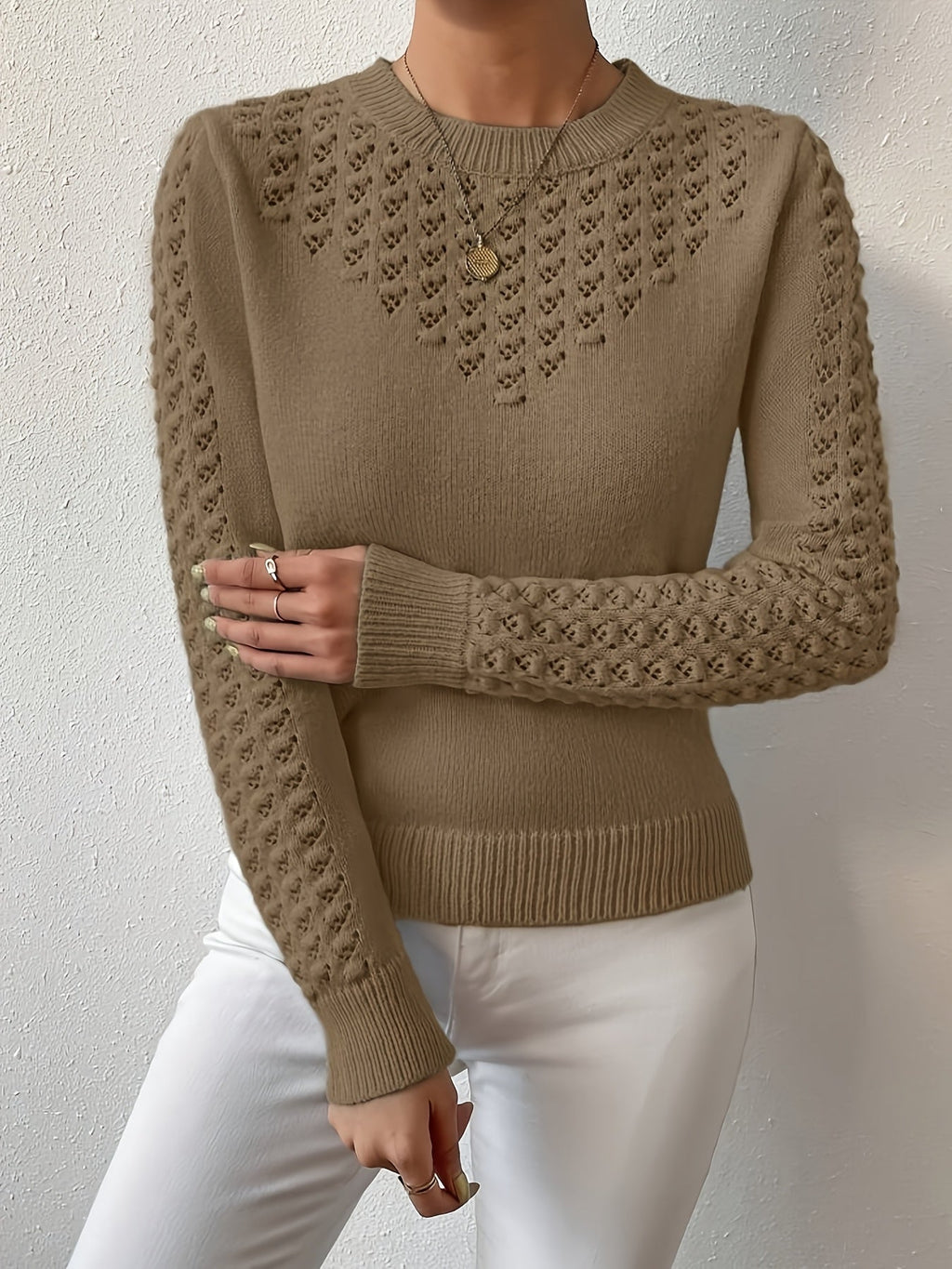 Pointelle Knit Sweater Blue Women's Long Sleeve Round Neck Jumper – Casual, Office, Everyday, Gift