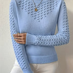 Pointelle Knit Sweater Blue Women's Long Sleeve Round Neck Jumper – Casual, Office, Everyday, Gift