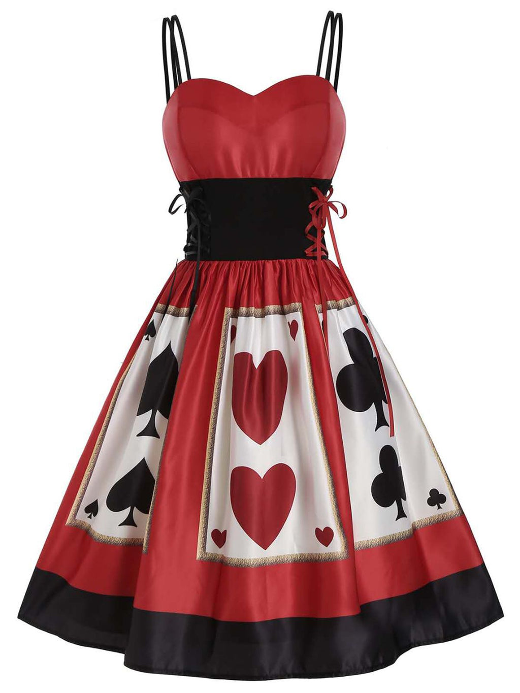 Poker Print Cami Dress Red Lace-Up Sweetheart Women's – Halloween, Costume Party, Retro 1950s Vintage