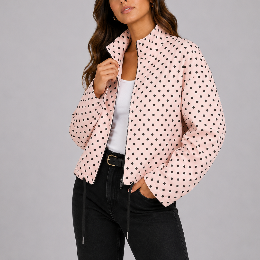 Polka Dot Bomber Jacket Navy Women's Stand Collar Zip-Up – Casual, Office, Holiday, Gift