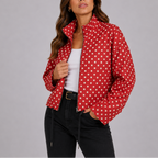 Polka Dot Bomber Jacket Navy Women's Stand Collar Zip-Up – Casual, Office, Holiday, Gift